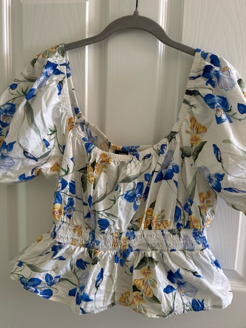 Express White Floral Puff-Sleeve Peplum Top - Blue & Yellow